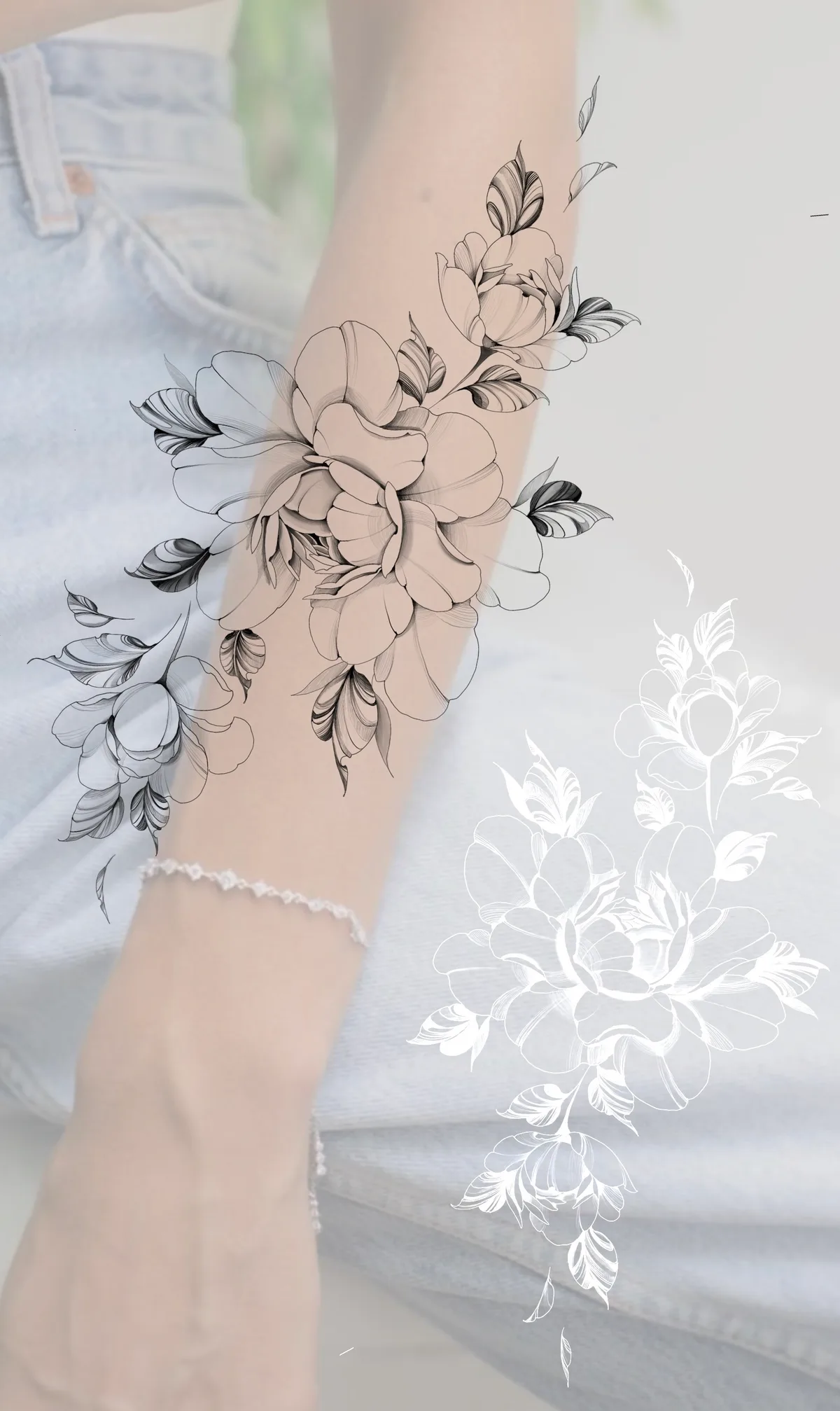 Dessin disponible — Pivoines sur l’avant-bras.